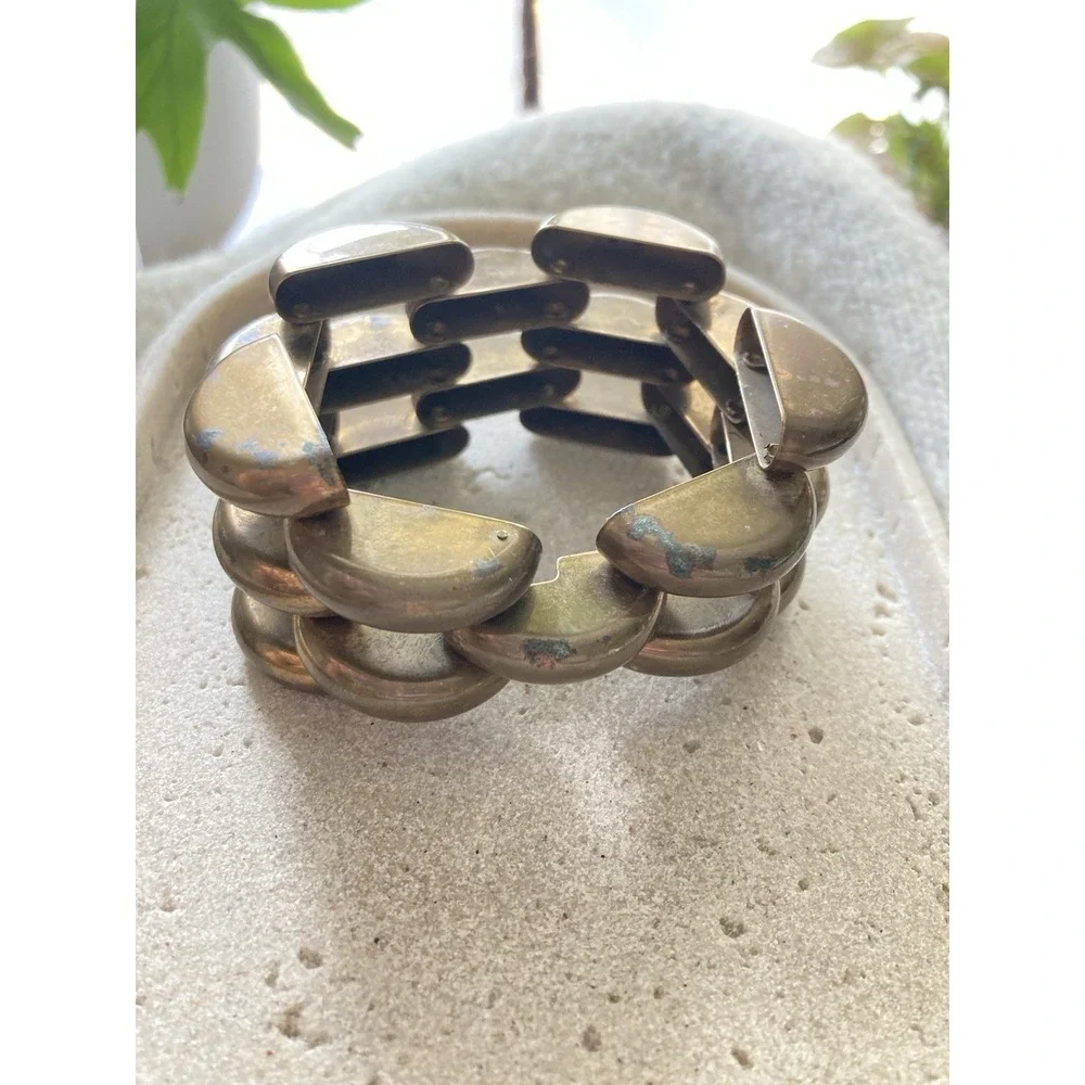 Copper Tank Bracelet Linked Patina Chunky‎ Collapsible Bold Vintage Brutalist